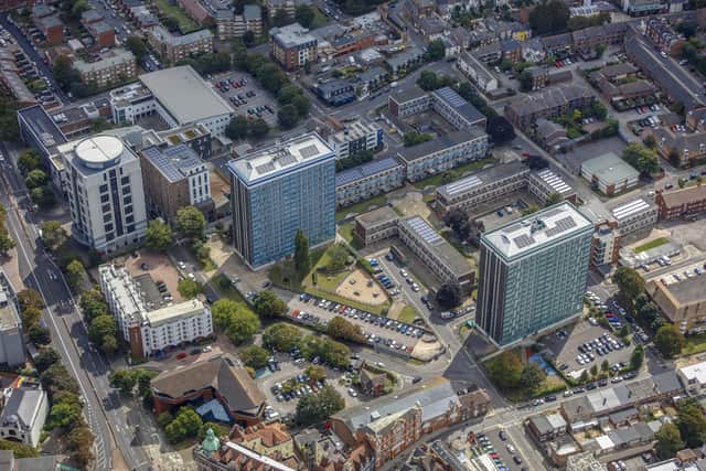 Leamington House and Horatia House in Somers Town which will be de-constructed over the next year to make way for a new development. 
Picture: Portsmouth City Council