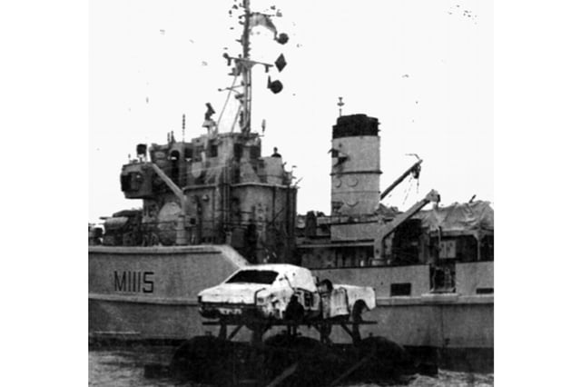 The Ford Cortina captured by HMS Bronington in the Irish Sea and disposed of by the ship’s divers. Picture: Navy News/Mike McBride collection.
