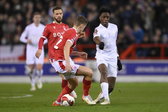 Ryan Yates challenges Arsenal's Albert Sambi Lokonga in Forest's FA Cup upset over Premier League Arsenal. Yates created Lewis Grabban's 83rd-minute winner. Picture: Laurence Griffiths/Getty Images