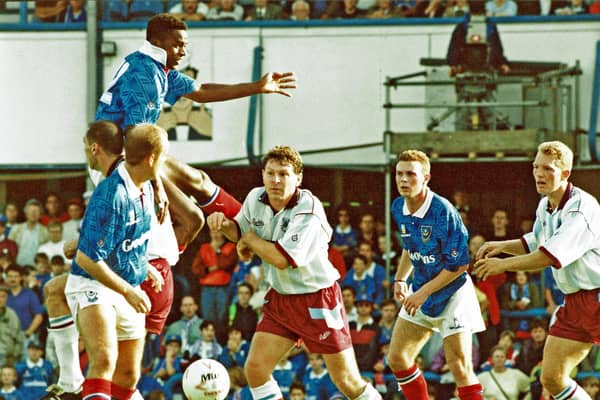 Stuart Doling (right) featuring in Pompey's 1-0 Fratton Park defeat to West Ham in September 1992