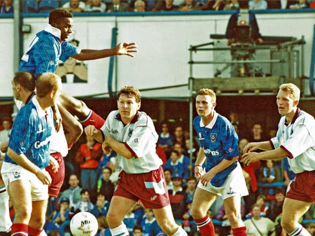 Stuart Doling (right) featuring in Pompey's 1-0 Fratton Park defeat to West Ham in September 1992