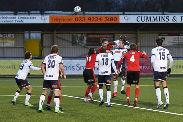 Hawks attack a corner during the closing stages of the 2-1 home loss to Eastbourne Borough. Picture: Neil Marshall