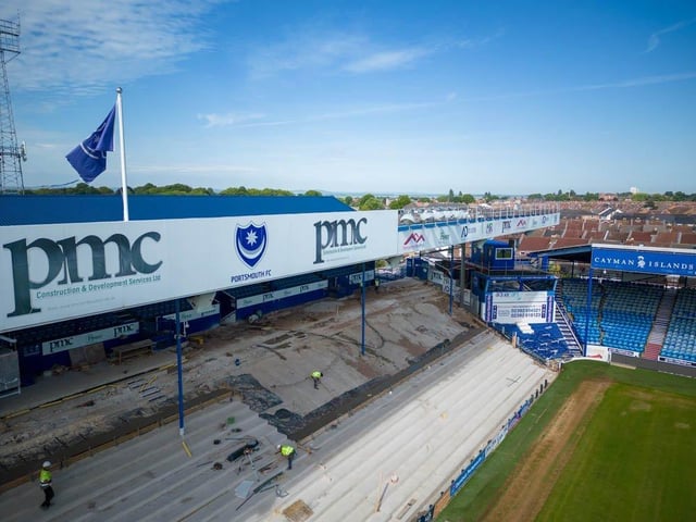 Work on the North Stand lower will create 600 extra seats at Fratton Park.
Picture: Michael Woods / Solent Sky Services