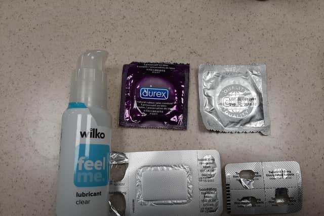 Hertfordshire Police found condoms, a bottle of lubricant and a packet of Tadalafil erectile disfunction tablets in Francois Olwage's bag after he was arrested. Picture: Hertfordshire Police/PA.