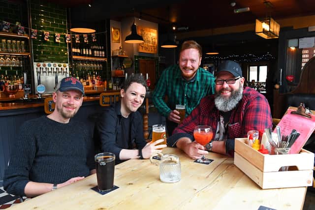 

Well deserved awards for The  King Street Tavern in Portsmouth - (left to right) Dan Gates, Mike Bailey, Olly Willers, and Sean Marshall 

Picture: Malcolm Wells (301019-9162) 

Byline: Malcolm Wells
Credit: The News, Portsmouth
Source: The News, Portsmouth