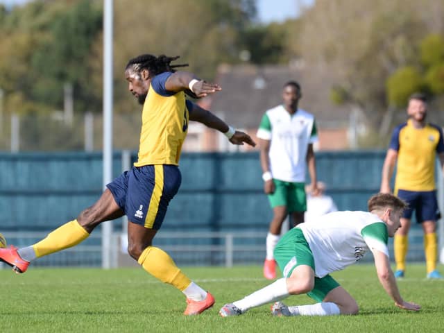 Elliott Charles in action for  Gosport during Saturday's 1-0 friendly loss to Bognor Regis at Privett Park. Pic: Martyn White.