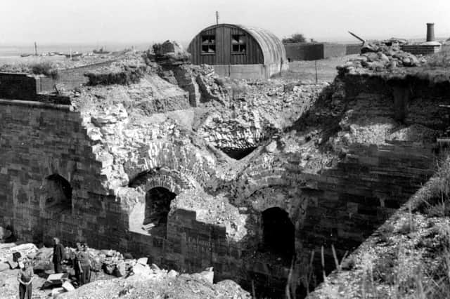 Bomb damage to one of the bastions at Fort Cumberland, Eastney, after it was bombed on August 26, 1940.