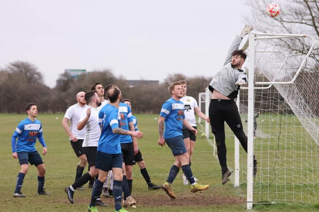 Bransbury Wanderers keeper at full stretch. Picture by Kevin Shipp