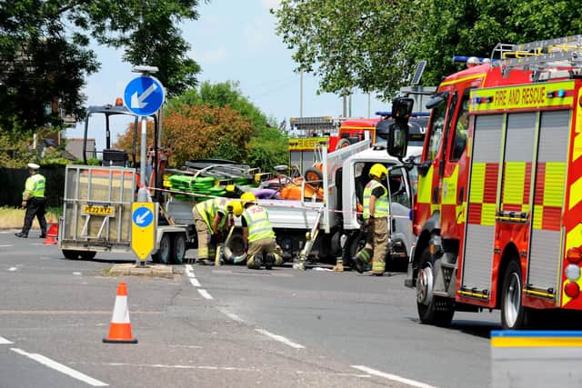 Emergency services at the scene of the fire engine crash. Picture: Sarah Standing (160623-8582)