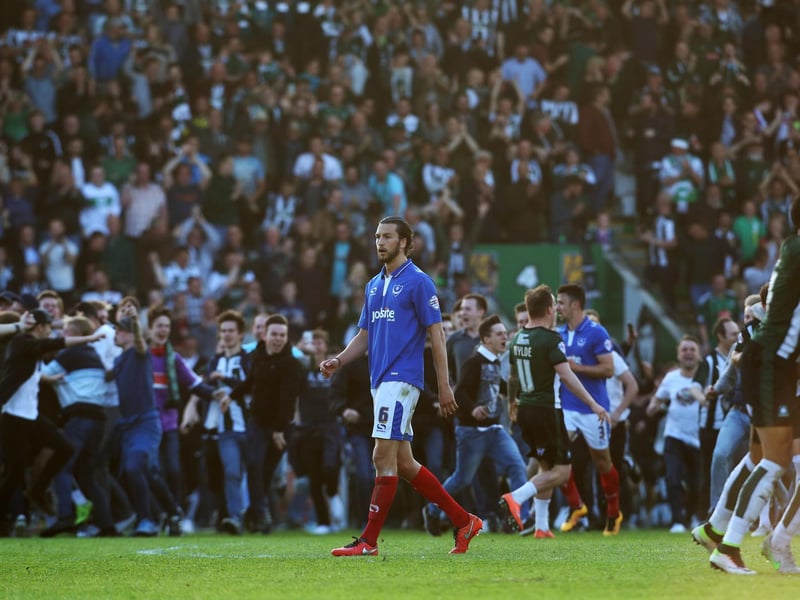 The 2015-16 League Two Play-Off Semi-final second leg at Plymouth was fascinatingly poised following a controversial 2-2 draw at Fratton Park when Jamille Matt was accused of headbutting Michael Doyle. However, injuries were piling up for the Blues, who already had emergency loan Ryan Allsop in goal. They lost Gareth Evans and Danny Hollands in the first half to serious injury and then suffered the heart-break of a stoppage-time defeat when Peter Hartley headed home. A distraught Paul Cook declined to speak to the local media afterwards, leaving chairman Iain McInnes to take over duties. Picture: Joe Pepler