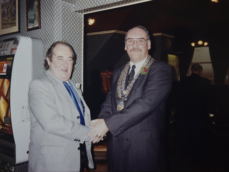 Northcote Pub in Southsea collects.Pictured is: (right) Barry Kewell taking over from Ollie Burton of the 3 Crowns in Portsea as President of the Portsmouth & District Licensed Victuallers Society for the first of my 2 years of presidency from 1998 to 1999 & 1999 to 2000.