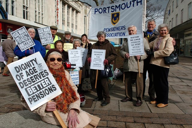 Portsmouth pensioners at The Fountain in Commercial Road Portsmouth campaigning for better pensions. At the front is Joan Hill, 86, from Fratton (061117-81)