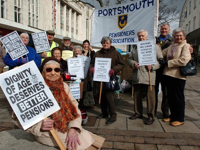 Portsmouth pensioners at The Fountain in Commercial Road Portsmouth campaigning for better pensions. At the front is Joan Hill, 86, from Fratton (061117-81)