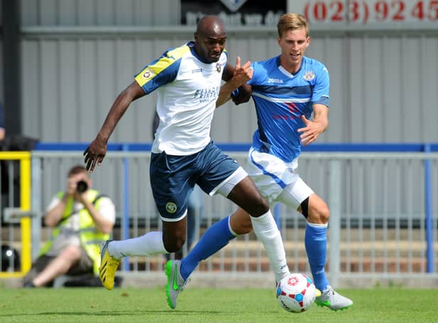 Marvin Morgan, left, in action for Hawks in a pre-season friendly against Eastleigh. Picture: Allan Hutchings