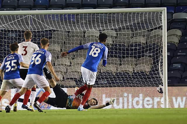 Reeco Hackett, Gary Guinness' choice as man of the match, pictured finishing his second - and Pompey's fourth - in Tuesday night's 5-2 win. Picture: Barry Zee