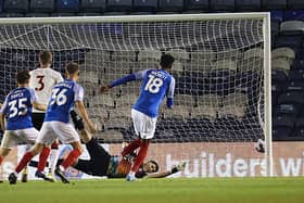 Reeco Hackett, Gary Guinness' choice as man of the match, pictured finishing his second - and Pompey's fourth - in Tuesday night's 5-2 win. Picture: Barry Zee