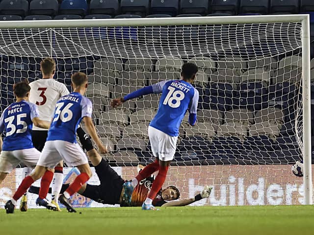 Reeco Hackett, Gary Guinness' choice as man of the match, pictured finishing his second - and Pompey's fourth - in Tuesday night's 5-2 win. Picture: Barry Zee