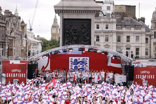 The Lionesses pictured celebrating in Trafalgar Square, London, after their Euro 2022 victory. Photo: PA