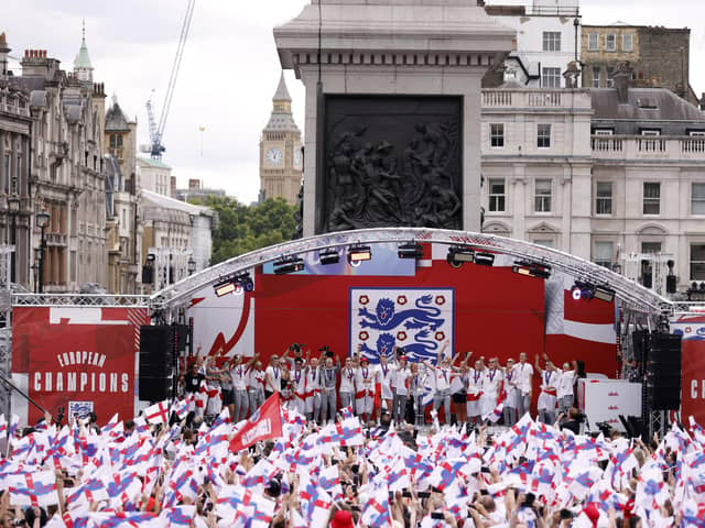 The Lionesses pictured celebrating in Trafalgar Square, London, after their Euro 2022 victory. Photo: PA