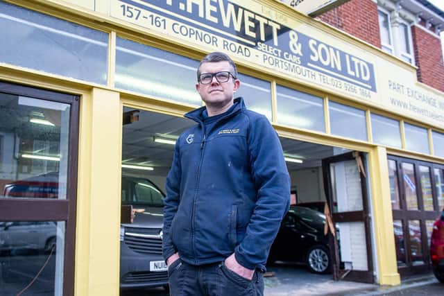 The front entrance was destroyed as thieves allegedly drove stolen cars through the doors. Pictured: Owner of GT Hewett & Son, James Hewett, 45, stood next to some of the damages to the shop at GT Hewett & Son, Copnor, Portsmouth, on March 2, 2022 Picture: Habibur Rahman.
