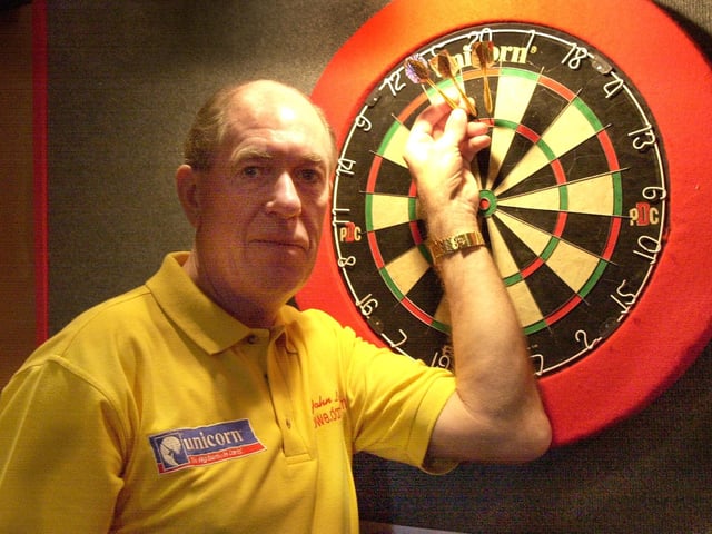 John Lowe warming up for the darts tournament at the Golden Hind Pub on the Copnor Road in 2003.