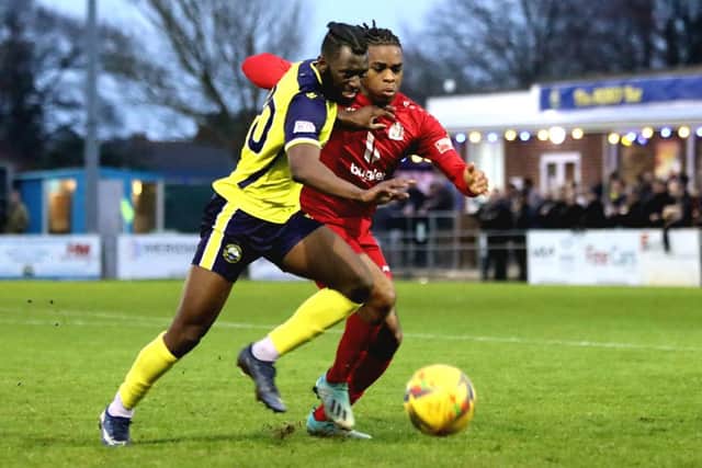 Nick Dembele, left, is in line to feature for Gosport against Petersfield to get some much-needed minutes after a spell out with a long-term ankle problem Picture: Tom Phillips