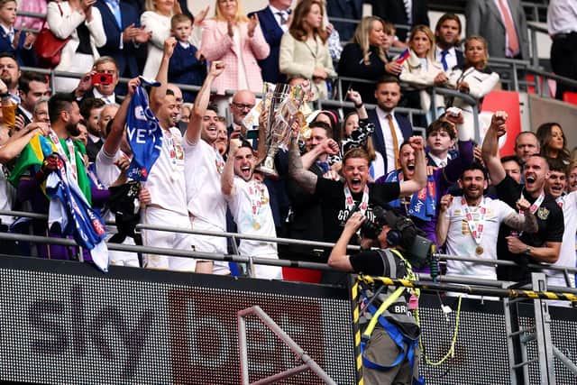 Port Vale's Tom Pett celebrates after winning the League Two play-offs at Wembley on Saturday to secure promotion to League One. Picture: John Walton/PA Wire.