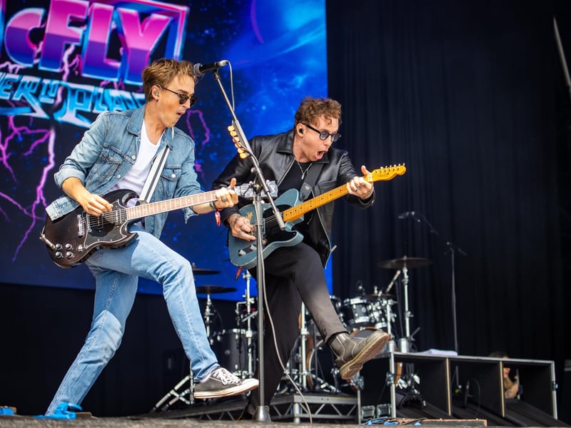 McFly were the surprise artist to perform on the Castle Stage on Saturday afternoon to a packed crowd.
Photo by Alex Shute