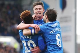 Oli Hawkins celebrates his goal against Rochdale last season - his last to date for Pompey. Picture: Joe Pepler