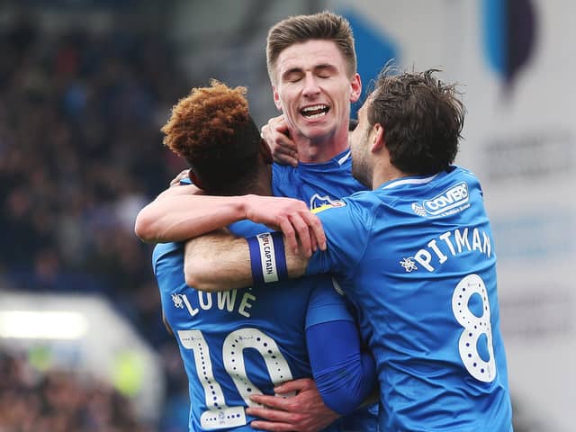 Oli Hawkins celebrates his goal against Rochdale last season - his last to date for Pompey. Picture: Joe Pepler