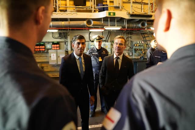 Prime Minister Rishi Sunak meeting the crew aboard HSM Diamond as he welcomes Ulf Kristersson, Prime Minister of Sweden, aboard HMS Diamond before holding bilateral talks as he attends the Joint Expeditionary Summit (JEF) on the Baltic island of Gotland, Sweden.  Picture: Stefan Rousseau/PA Wire