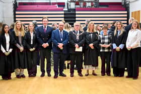 Head Girls, Headmistress, Professor Lorraine Whitmarsh and distinguished guests gather for awards