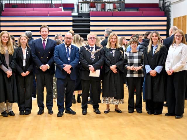 Head Girls, Headmistress, Professor Lorraine Whitmarsh and distinguished guests gather for awards