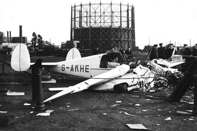 Airplane crash at Hilsea Gasworks. On July 22, 1953 this airplane crashed after taking off from Portsmouth City Airport. Picture: Colin Hull collection.