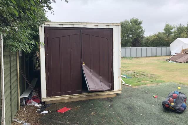 A sports equipment container at AFC Portchester's football stadium was damaged during a break-in on Tuesday night. Picture: Richard Lemmer