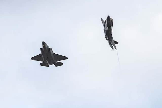 Two F-35 flying in the sky above the North Sea as part of a training exercise.