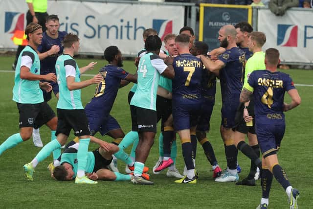 Pompey's youngsters stand up for themselves after some argie-bargie against Hawks in the second half today at West Leigh Park. Pic: Dave Haines