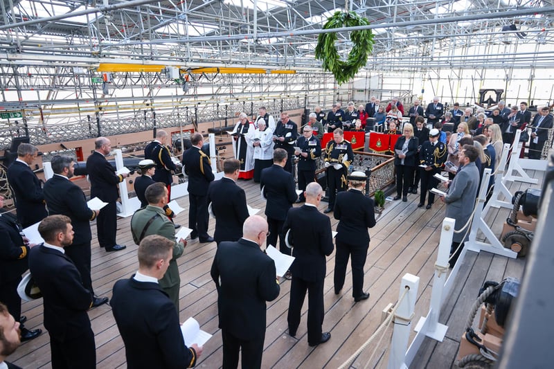 Pictured: Guests during the ceremony on HMS Victory.