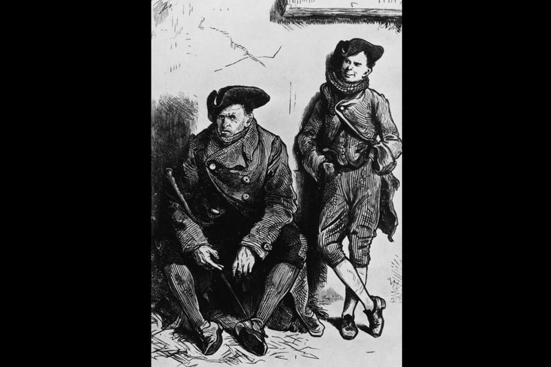 Fictional characters Jerry Cruncher and his son Young Jerry Cruncher in an illustration from Charles Dickens' novel 'A Tale of Two Cities', circa 1860. In the novel, Cruncher senior supplements his income as a porter and messenger for a London Bank, by working secretly as a 'resurrection man', robbing graves in order to sell the bodies to anatomists for dissection. (Photo by Hulton Archive/Getty Images)
