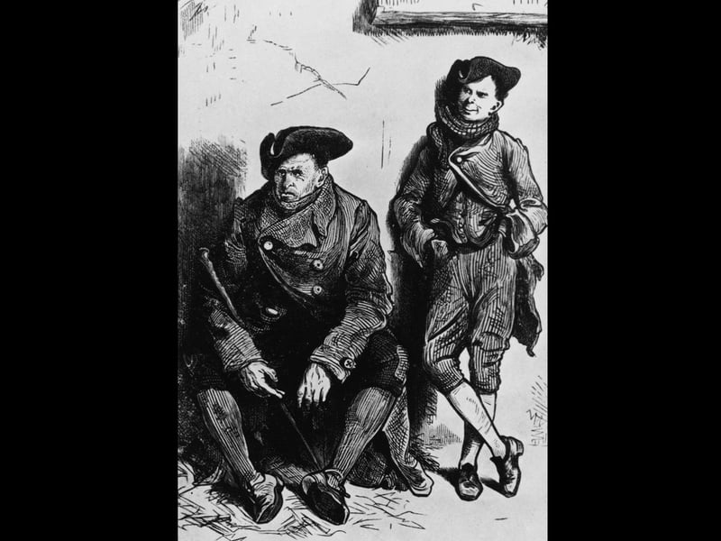 Fictional characters Jerry Cruncher and his son Young Jerry Cruncher in an illustration from Charles Dickens' novel 'A Tale of Two Cities', circa 1860. In the novel, Cruncher senior supplements his income as a porter and messenger for a London Bank, by working secretly as a 'resurrection man', robbing graves in order to sell the bodies to anatomists for dissection. (Photo by Hulton Archive/Getty Images)