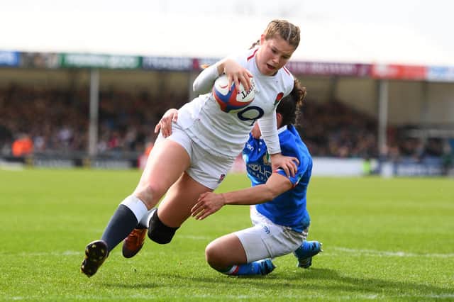 Jess Breach scores a Women's Six Nations try for England against Italy. Picture: Harry Trump/Getty Images