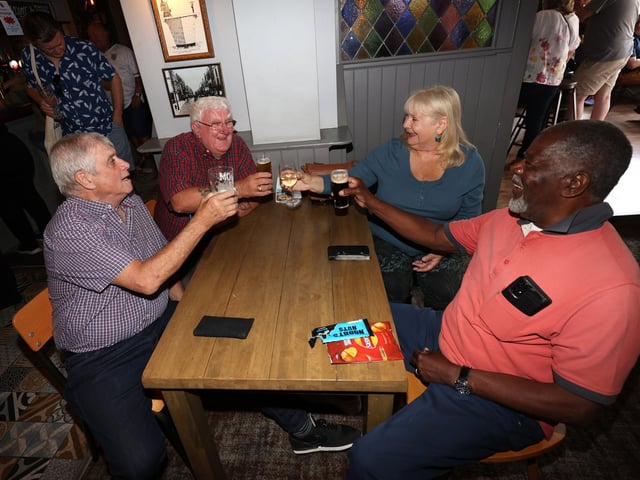 Re-opening of Eldon Arms with new owners and menu aiming to keep costs low for the punters and diners. With food supplied from O'solemio in Port SolentPictured is are punters in the pub.Pictured is action from the event.Sunday 9th July 2023.Picture: Sam Stephenson.
