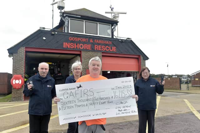 Les Heyhoe, 66, from Gosport, has raised more than £16,000 for Gosport and Fareham Inshore Rescue Service known as Gafirs .
Les at the front with, from left, secretary Keith Thomas, chair of the board Joanne Young, and fundraising member Joyce Thomas
Picture: Sarah Standing (060123-7748)