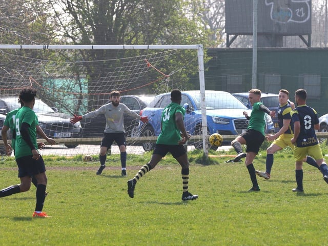 Action from the Challenge Cup clash between Pelham Arms (blue/yellow kit) and FFTP (green and black kit). Picture: Sam Stephenson