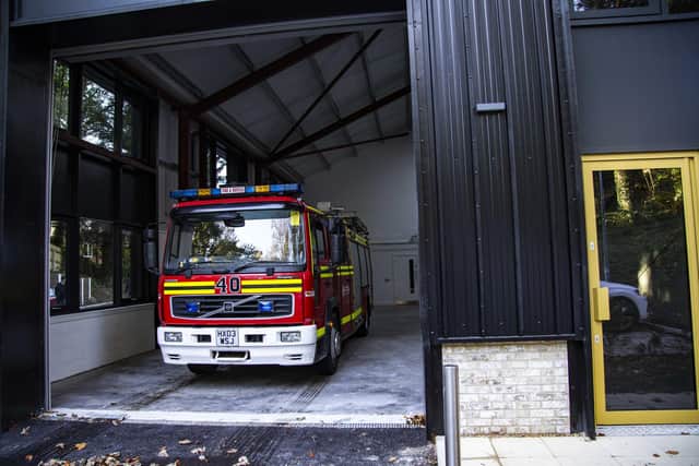 A fire engine heading out from the new Bishop's Waltham fire station. Picture: HIWFRS
