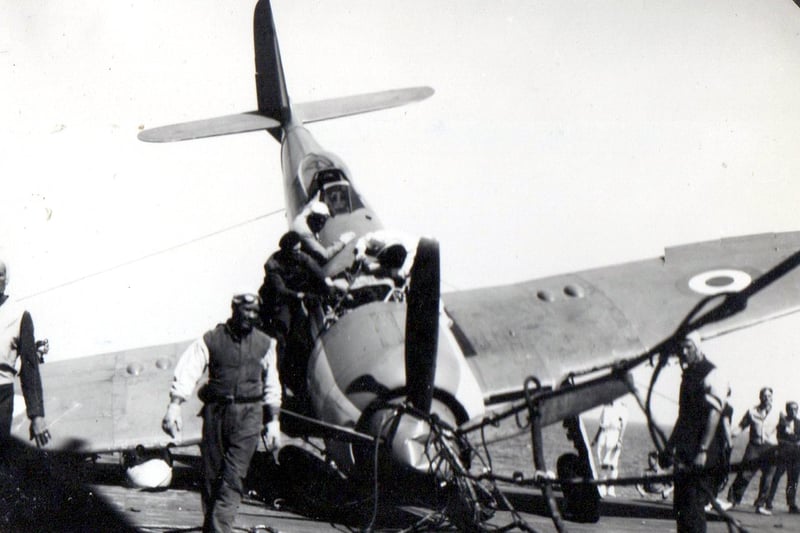When it goes wrong. This is what happened to a Sea Fury after landing on the  flight deck of HMS Theseus. Picture: Courtesy of Robin Kay