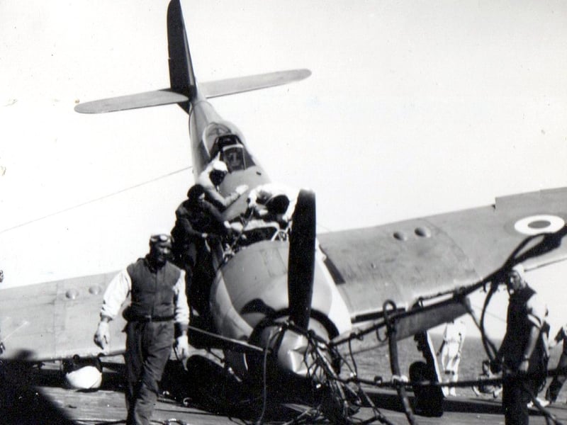 When it goes wrong. This is what happened to a Sea Fury after landing on the  flight deck of HMS Theseus. Picture: Courtesy of Robin Kay