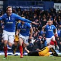 Adam Webster celebrates scoring in Pompey's 2-1 win over Cambridge United at Fratton Park in February 2016. Picture: Joe Pepler/Digital South