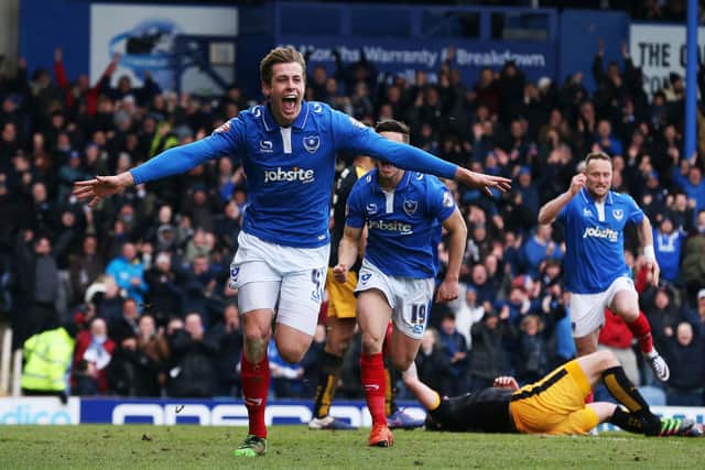 Adam Webster celebrates scoring in Pompey's 2-1 win over Cambridge United at Fratton Park in February 2016. Picture: Joe Pepler/Digital South