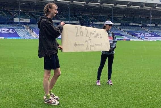 Libby Higgins, 19 from Waterlooville, took on the virtual London Marathon in honour of her friend who has leukaemia. Pictured: Libby, right, with her friend Peter Dawes